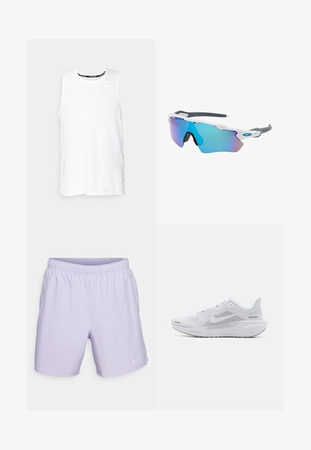 Valge ilma varrukateta Nike jooksmise topp ümmarguse kaelusega, siledast materjalist, ning must Nike logo vasakul rinnal.; Hele lilla sportpüksid elastse vöökohtadega, küljetaskud ja peegeldav Nike logo vasakus alakulmas. Sile ja kerge kangas.; Valge sportlik king, millel on võrgust pealne osa, sujuva tekstuuriga kattekiht, hallid aktsendid, sidemed ja pehmendatud tald, mis on mõeldud sooritusvõime jaoks.; Valged raamidega päikeseprillid, hallide aktsentidega ja siniste peegelprillidega. Sportlik disain, ümber keha kujundus ja reguleeritavad ninasillad.