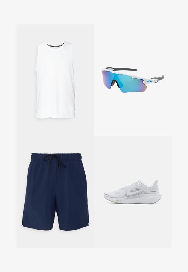 Vitt ärmlöst Nike-löparlinne med rund halsringning, slät yta och svart Nike-logotyp på övre vänstra bröstet.; Marinblå badshorts i lätt material, med resårmidja och dragsko samt sidofickor för ökad rörelsefrihet.; Vit sportskor med ovandel i mesh, släta texturerade överlager, grå accenter, snören och en vadderad sula designad för prestanda.; Solglasögon med vit ram, grå detaljer och blå spegelglas. Sportig design, omslutande form och justerbara näskuddar.
