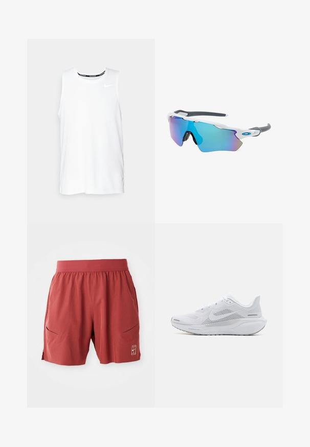 Weißes ärmelloses Nike-Lauftop mit Rundhalsausschnitt, glatter Textur und schwarzem Nike-Logo auf der oberen linken Brust.; Rote Trainingsshorts mit einem elastischen Bund, zwei Seitentaschen und einem kleinen Logo auf der unteren rechten Seite. Glatte Textur, Oberschenkel-lange.; Weißer Sportschuh mit einem Obermaterial aus Mesh, glatten Überzügen, grauen Akzenten, Schnürsenkeln und einer gepolsterten Sohle, die für Leistung ausgelegt ist.; Sonnenbrille mit einem weißen Rahmen, grauen Akzenten und blauen Spiegellinsen. Sportliches Design, umschließende Form und verstellbare Nasenpads.