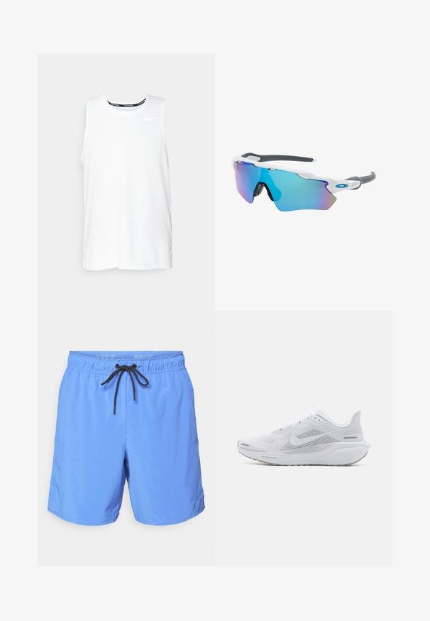 Fehér ujjatlan Nike futó felső kerek nyakkivágással, sima textúrával és fekete Nike logóval a bal felső mellkason.; Könnyű anyagból készült kék rövidnadrág, gumírozott derékkal, fekete zsinórral és oldalsó zsebekkel. Kicsi logó részlet díszíti.; Fehér sportcipő, hálós felsőrésszel, sima textúrájú díszítőelemekkel, szürke akcentusokkal, fűzőkkel, és párnázott talppal, amely a teljesítmény érdekében készült.; Fehér keretű napszemüveg, szürke díszítéssel és kék tükörlencsékkel. Sportos dizájn, körbeölelő forma és állítható orrtámasz.