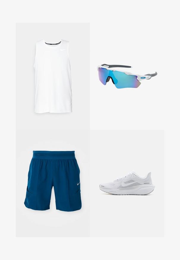 Camiseta sin mangas blanca de Nike para correr, con cuello redondo, textura suave y logo negro de Nike en la parte superior izquierda del pecho.; Pantalones cortos deportivos azules fabricados con un material ligero. Cuentan con una cinturilla elástica, dos bolsillos laterales y un pequeño logo plateado en la parte frontal.; Zapatilla deportiva blanca con parte superior de malla, sobrecapas de textura suave, acentos en gris, cordones y una suela acolchada diseñada para el rendimiento.; Gafas de sol con montura blanca, detalles grises y lentes espejados azules. Diseño deportivo, forma envolvente y almohadillas para la nariz ajustables.