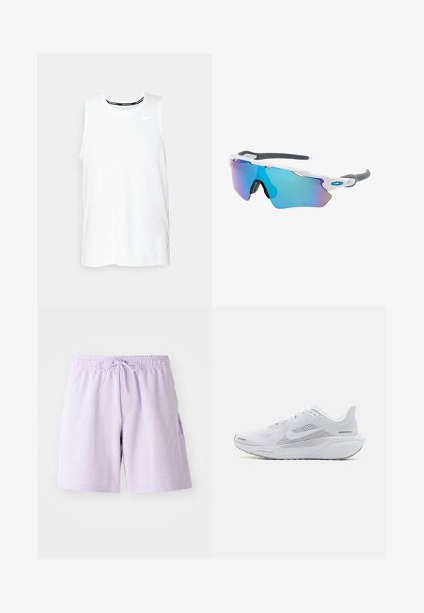 Baltā bezpiedurkņu Nike skriešanas krekla ar apaļu dekoltē, gludu tekstūru un melnu Nike logotipu kreisajā augšējā krūtī.; Gaiši lavandas krāsas kokvilnas šorti ar elastīgu jostu un auklu. Iespējotas sānu kabatas un gluda, maiga tekstūra. Vidēja garuma, līdz augšstilbam.; Baltā sporta apava ar sieta augšdaļu, gludām tekstūras aplikācijām, pelēkiem akcentiem, šņorēm un amortizētu zoli, kas izstrādāta veiktspējai.; Saulesbrilles ar baltu rāmi, pelēkiem akcentiem un ziliem spoguļobjektīviem. Sportisks dizains, apņemjoša forma un regulējami deguna spilventiņi.