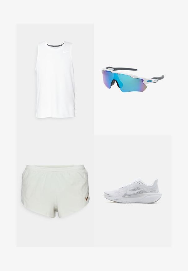 Biele bezrukávové bežecké tričko Nike s okrúhlym výstrihom, hladkým povrchom a čiernym logom Nike na hornej ľavej strane hrudníka.; Svetlozelené šortky s priedušným pásom, s hnedým logom Nike na ľavej strane. Mäkka tkanina s voľným strihom.; Biele športové topánky s sieťovaným zvrškom, hladkými textúrovanými prekrytiami, šedými akcentmi, šnúrkami a odpruženou podrážkou navrhnutou pre výkon.; Slnečné okuliare s bielym rámom, so sivými akcentmi a modrými zrkadlovými sklami. Športový dizajn, okrúhly tvar a nastaviteľné nosové podložky.