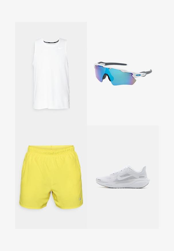 White sleeveless Nike running top with a round neckline, smooth texture, and black Nike logo on the upper left chest.; Yellow athletic shorts made of lightweight fabric with an elastic waistband. Features a small grey Nike logo on the lower right side.; White athletic shoe with a mesh upper, smooth textured overlays, grey accents, laces, and a cushioned sole designed for performance.; Sunglasses with a white frame, gray accents, and blue mirrored lenses. Sporty design, wraparound shape, and adjustable nose pads.