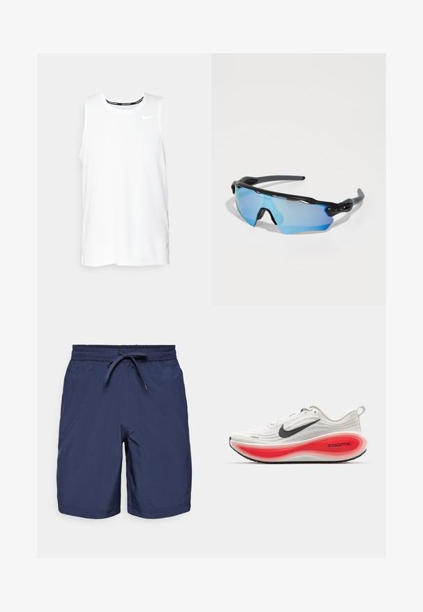 Witte mouwloze Nike hardlooptop met een ronde hals, een gladde textuur en een zwart Nike-logo op de bovenste linkerborst.; Marine zwemboxers met elastische tailleband, verstelbaar trekkoord, voortassen en een gladde, lichtgewicht stoftextuur.; Nike hardloopschoenen met een witte gebreide bovenkant, een zwarte swoosh en een dikke, rood-witte dempingszool met het label "ZOOMX." Zwarte traction buitenzool.; Sportzonnebril met een zwart frame, grote blauw-getinte lenzen en een stevige constructie. Ze hebben verbeterde omsluitende dekking.