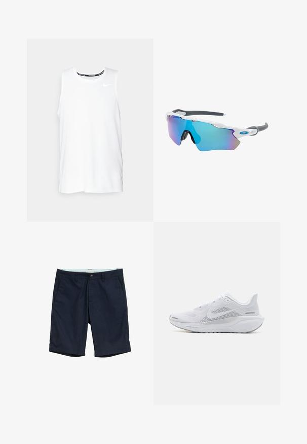 Camiseta sin mangas blanca de Nike para correr, con cuello redondo, textura suave y logo negro de Nike en la parte superior izquierda del pecho.; Pantalones cortos azul marino de mezcla de algodón, con cierre de botón, dos bolsillos laterales y un dobladillo recto con una textura sutil.; Zapatilla deportiva blanca con parte superior de malla, sobrecapas de textura suave, acentos en gris, cordones y una suela acolchada diseñada para el rendimiento.; Gafas de sol con montura blanca, detalles grises y lentes espejados azules. Diseño deportivo, forma envolvente y almohadillas para la nariz ajustables.