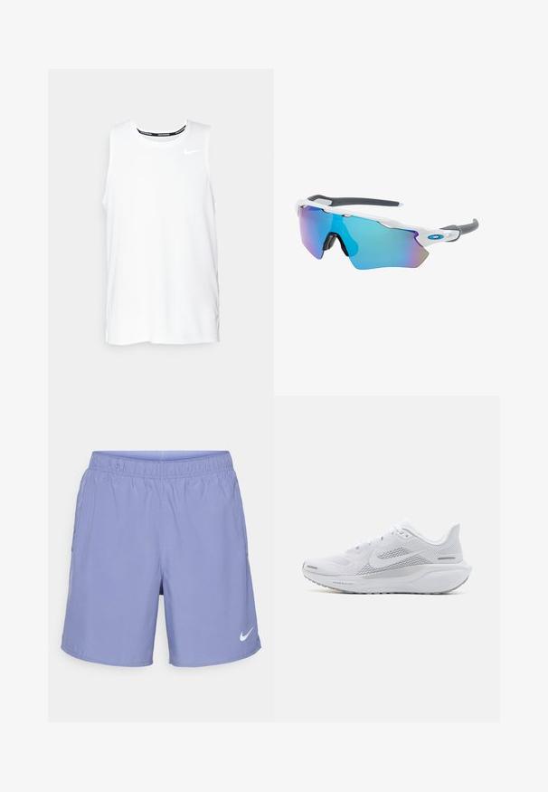 Bela brezrokavnica za tek Nike z okroglim izrezom, gladko teksturo in črnim Nike logotipom na zgornji levi strani prsnega koša.; Nike kratke hlače, svetlo vijolične, z elastičnim pasom, dvema stranskima žepoma in belim logotipom na spodnjem levem delu noge. Gladek, lahko tkanina.; Bela atletska copata z mrežasto zgornjo plastjo, gladkimi teksturiranimi dodatki, sivi poudarki, vezalkami in blaženim podplatom, zasnovana za zmogljivost.; Sončne očala z belim okvirjem, sivi detajli in modrimi zrcalnimi lečami. Športna zasnova, ovitek oblike in nastavljivi nosni blazinici.