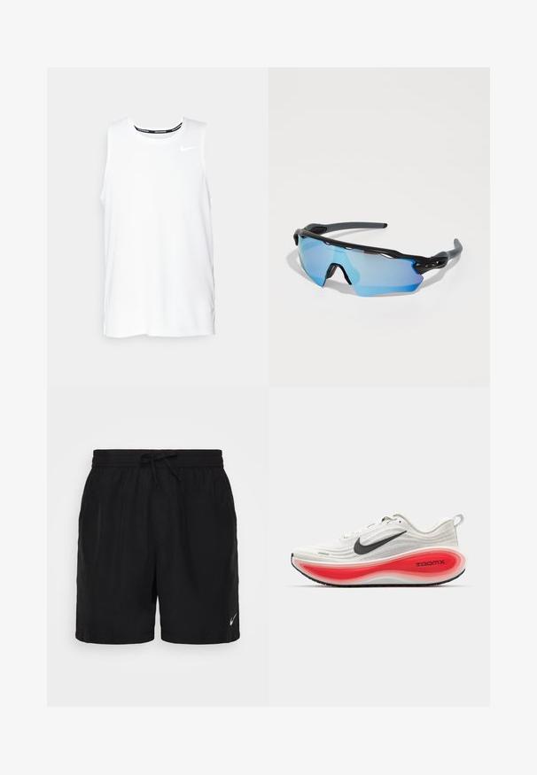 Balta be rankovių Nike bėgimo marškinėliai su apvaliu kaklu, lygiu paviršiumi ir juodu Nike logotipu viršutinėje kairėje krūtinės pusėje.; Juodi sportiniai šortai, pagaminti iš lengvos medžiagos, turintys elastingą juosmenį su raišteliu ir mažą baltą Nike logotipą dešiniajame apatiniame kampe.; Nike bėgimo batai su balta megzta viršutine dalimi, juodu swoosh ženklu ir storesne raudona bei balta paminkštinta padais, pažymėtu "ZOOMX". Juodesnė sukibimo išorinė padais.; Sportiniai akiniai nuo saulės su juodu rėmu, dideliais mėlynai tonuotais lęšiais ir tvirtu dizainu. Jie turi patobulintą apglėbimo aprėptį.