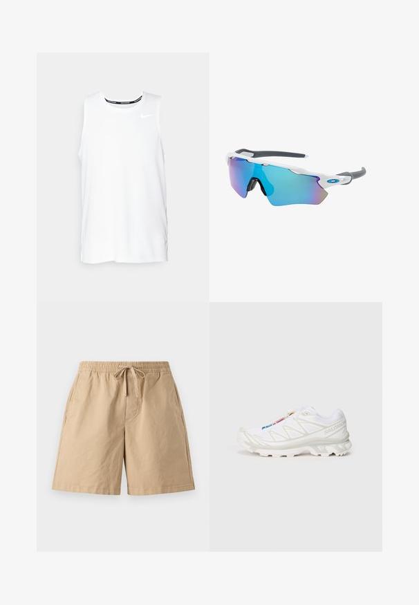 Hvid ærmeløs Nike løbeoverdel med rund halsudskæring, glat tekstur og sort Nike-logo på den øverste venstre bryst.; Beige bomuldsshorts med elastisk talje og justerbar snøre, med sidelommer og afslappet pasform. Glat tekstur, knælang.; Hvid sportssko med tekstureret mesh-overdel, reflekterende detaljer og en polstret sål. Bemærkelsesværdigt mærke-logo på siden.; Solsikker med hvid ramme, grå accenter og blå spejllinser. Sporty design, omviklet form og justerbare næsepuder.