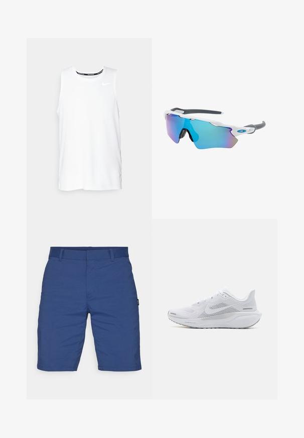 White sleeveless Nike running top with a round neckline, smooth texture, and black Nike logo on the upper left chest.; Blue shorts made from lightweight fabric. Features a flat front, belt loops, and no visible pockets. Smooth texture with a tailored cut.; White athletic shoe with a mesh upper, smooth textured overlays, grey accents, laces, and a cushioned sole designed for performance.; Sunglasses with a white frame, gray accents, and blue mirrored lenses. Sporty design, wraparound shape, and adjustable nose pads.
