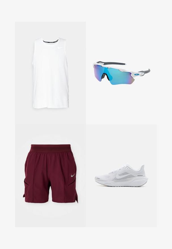 Valge ilma varrukateta Nike jooksmise topp ümmarguse kaelusega, siledast materjalist, ning must Nike logo vasakul rinnal.; Burgundia sportlikud lühikesed püksid elastse vöökoha, külgsisselõigete ja peegeldava Nike swoosh logo kaudu paremal jalal.; Valge sportlik king, millel on võrgust pealne osa, sujuva tekstuuriga kattekiht, hallid aktsendid, sidemed ja pehmendatud tald, mis on mõeldud sooritusvõime jaoks.; Valged raamidega päikeseprillid, hallide aktsentidega ja siniste peegelprillidega. Sportlik disain, ümber keha kujundus ja reguleeritavad ninasillad.