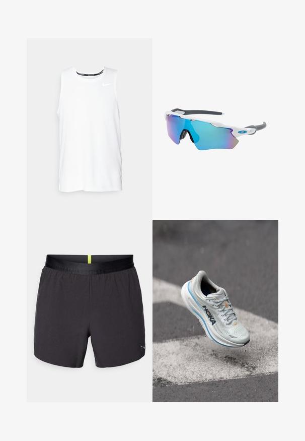 Witte mouwloze Nike hardlooptop met een ronde hals, een gladde textuur en een zwart Nike-logo op de bovenste linkerborst.; Zwarte sportshorts met een gladde textuur, een elastische tailleband met een gele accent en een klein logo aan de onderzijde rechts.; Lichtgrijze hardloopschoen met een ademende mesh bovenkant, oranje accenten en een dikke witte tussenzool met een blauwe rand. Lichtgewicht ontwerp.; Zonnebril met een wit frame, grijze accenten en blauwe spiegelglazen. Sportief ontwerp, omhulde vorm en verstelbare neuspads.