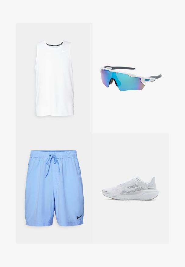 Valge ilma varrukateta Nike jooksmise topp ümmarguse kaelusega, siledast materjalist, ning must Nike logo vasakul rinnal.; Heledad sinine sportlikud lühikesed püksid, mis on valmistatud siledast kangast, elastse vöökohaga ja nööriga, küljetaskutega ning musta Nike logo kujutisega.; Valge sportlik king, millel on võrgust pealne osa, sujuva tekstuuriga kattekiht, hallid aktsendid, sidemed ja pehmendatud tald, mis on mõeldud sooritusvõime jaoks.; Valged raamidega päikeseprillid, hallide aktsentidega ja siniste peegelprillidega. Sportlik disain, ümber keha kujundus ja reguleeritavad ninasillad.