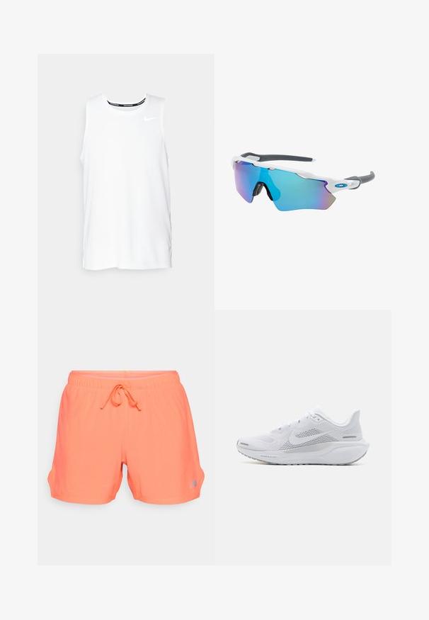 Vitt ärmlöst Nike-löparlinne med rund halsringning, slät yta och svart Nike-logotyp på övre vänstra bröstet.; Neonorange sportshorts med en andningsbar nätstruktur, elastisk midja med snörning och sidofickor. Silverfärgad logotypdetalj till vänster.; Vit sportskor med ovandel i mesh, släta texturerade överlager, grå accenter, snören och en vadderad sula designad för prestanda.; Solglasögon med vit ram, grå detaljer och blå spegelglas. Sportig design, omslutande form och justerbara näskuddar.