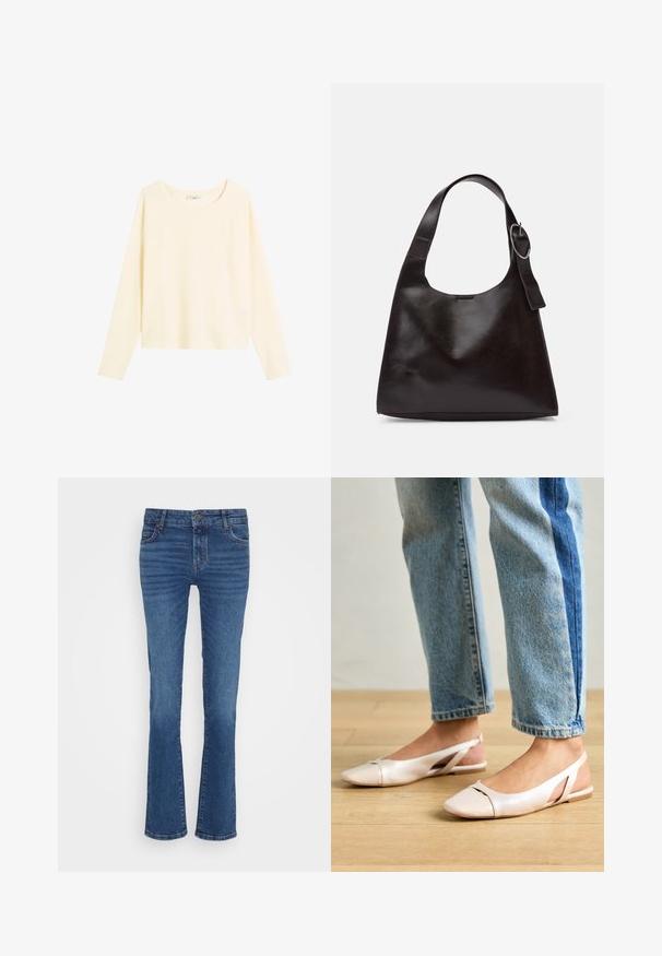 Dlouhý rukáv, tričko s kulatým výstřihem vyrobené z jemné, světle krémové látky. Má uvolněný střih a raglánové rukávy s hladkým povrchem.; Modré džíny z denimu se střihovým designem rovného nohavice, se světlejším vyblednutím, pěti kapsami a kovovým knoflíkem na zapínání v pase.; Světle růžové slingback baleríny s špičatou špičkou, vyrobené z hladkého koženému materiálu. Obsahují vystřihovací detaily po stranách a plochý podpatek.; Hnědá kožená taška přes rameno s hladkou texturou, zaobleným tvarem, širokým popruhem a kulatým kovovým akcentem na rukojeti.