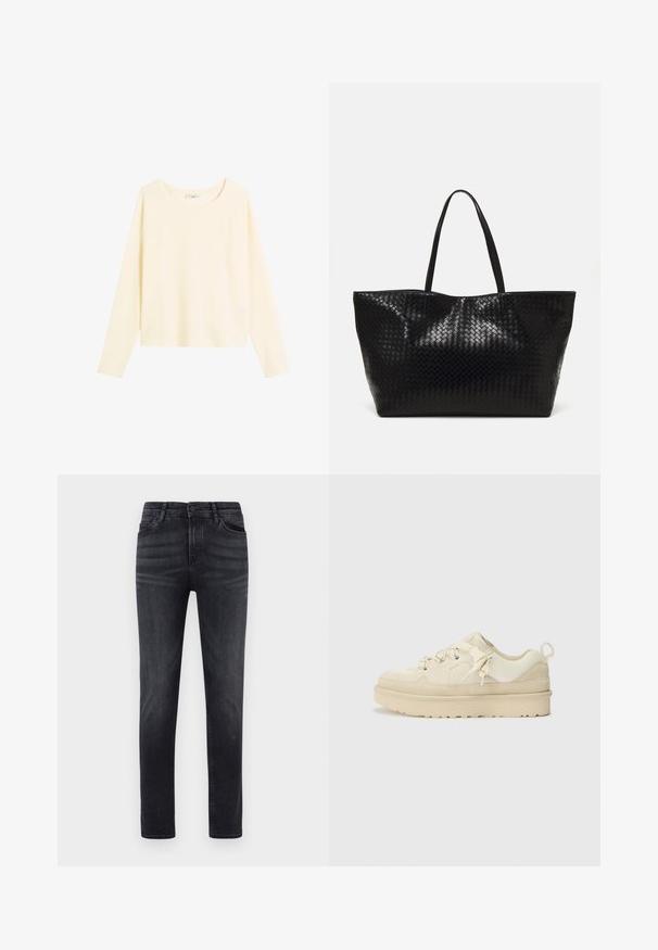 Langermet skjorte med rund hals i myk, lys kremfarget stoff. Har en avslappet passform og raglanermer med en jevn tekstur.; Svarte denimjeans med rett snitt. Har fem lommer, knappestykke og beltehemper. Stoffet har en glatt tekstur og litt stretch.; Beige sneakers med en blanding av glatte og teksturerte materialer, med en kraftig såle, dekorative snører og en bakre løftekrok.; Svart vevd tote-veske med to solide håndtak, med en blank tekstur og et romslig design med åpen topp.