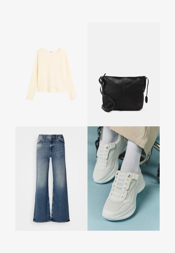 Pikendab varrukate ja ümar kaelusega pehme, heledat kreemjat värvi särk. Omab vabamat lõiget ja raglansärki, millel on sile pind.; Heledsinine denimist laiade säärega teksad kõrge vöökoht, plekilised alad, klassikaline viie tasku disain ja rebenditega hem detailid.; Valged spordijalatsid, millel on võrkmaterjal, kummitald, sidumata disain elastsete riba ja kuldsete detailidega.; Must värvi nahast ristiõlakott, millel on lame kuju, kuldne metallist detailide aktsent ja reguleeritav rihm. Sile tekstuur väheste õmblusdetailidega.