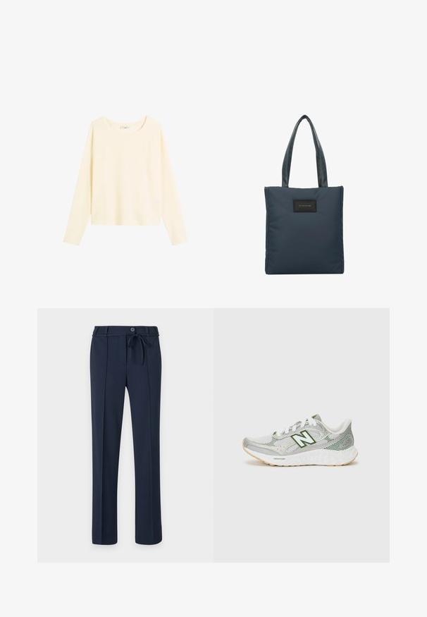 Langärmliges T-Shirt mit Rundhalsausschnitt aus weichem, hellcremefarbenem Stoff. Hat einen lässigen Schnitt und Raglanärmel mit einer glatten Textur.; Marineblaue Hosen aus glattem Stoff, mit einem Kordelzugbund, vorderen Falten und geradem Bein. Keine Taschen oder auffälligen Muster.; Leichte Athletikschuhe mit einem grauen Mesh-Obermaterial, grünen Akzenten, weißen Schnürsenkeln und einer gepolsterten weißen Sohle mit einem strukturierten Muster.; Tote Bag in Marineblau aus glattem Nylon, mit zwei strukturierten Griffen und einem schwarzen rechteckigen Logo-Patch auf der Vorderseite.