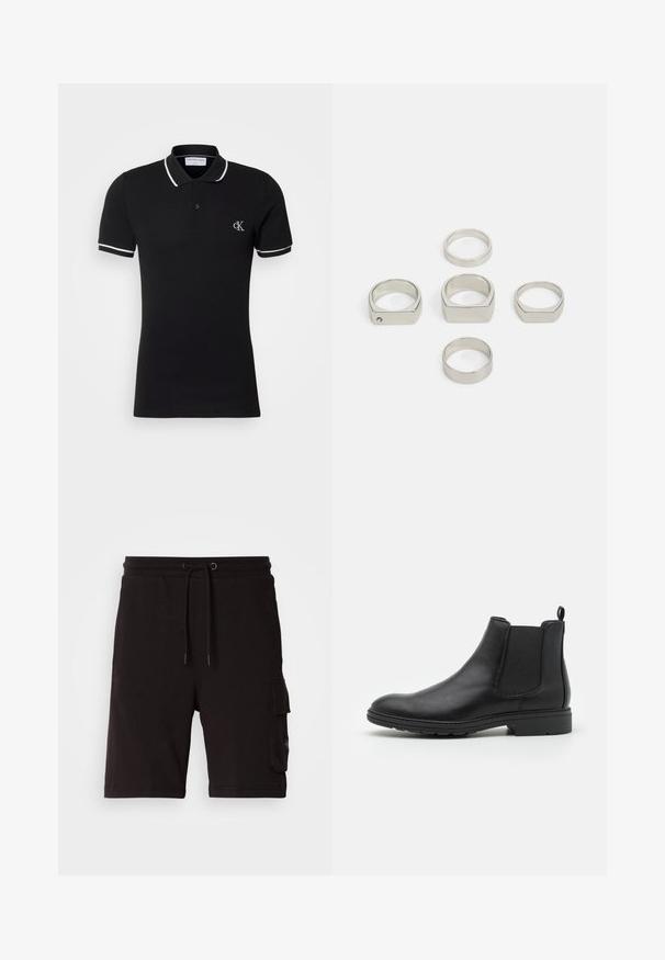 Black polo shirt made of cotton, featuring a slight stretch, with a white collar and sleeve trim, and a small logo on the chest.; Black cotton cargo shorts featuring an adjustable drawstring waistband, side pockets, and a relaxed fit design.; Black leather Chelsea boot with elastic side panels and a pull tab, featuring a rounded toe and textured rubber sole.; Set of six metallic silver rings in various shapes, including round and square, featuring smooth textures and minimalistic design.