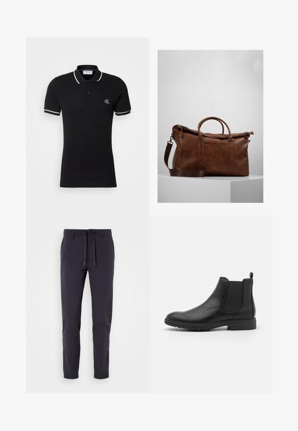 Črna polo majica iz bombaža z blagim elastičnim učinkom, belim ovratnikom in obrobami rokavov ter majhnim logotipom na prsih.; Mornarsko modri, lahki hlače s teksturirano površino, elastičnim pasom in nastavljivimi vezalkami. Imajo zožane hlačnice in ojačane kolena.; Črne usnjene čevlje Chelsea z elastičnimi stranskimi paneli in zanko, z zaobljenim nosom in teksturiranim gumijastim podplatom.; Brahna usnjena potovalna torba z zadrgo, dvojno ročajema, nastavljivim naramnim trakom in vidnimi teksturami na površini.; Set šestih kovinskih srebrnih prstanov v različnih oblikah, vključno z okroglimi in kvadratnimi, z gladkimi teksturami in minimalističnim dizajnom.