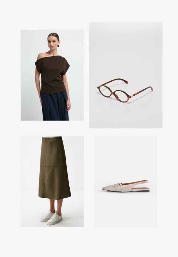 Brown off-the-shoulder top made of smooth fabric, featuring loose sleeves and a relaxed fit, paired with navy wide-leg trousers.; Olive green midi skirt with a smooth texture, featuring stitched seams and a streamlined A-line shape, paired with white sneakers.; Light beige slingback shoe with a pointed toe, a soft suede texture, featuring two decorative buckles and a low, flat heel.; Tortoiseshell eyeglasses with oval frames, clear lenses, and gold accents. Features curved temples and a smooth, glossy finish.; COACH BROOKLYN SHOULDER BAG 23 - Handbag - maple