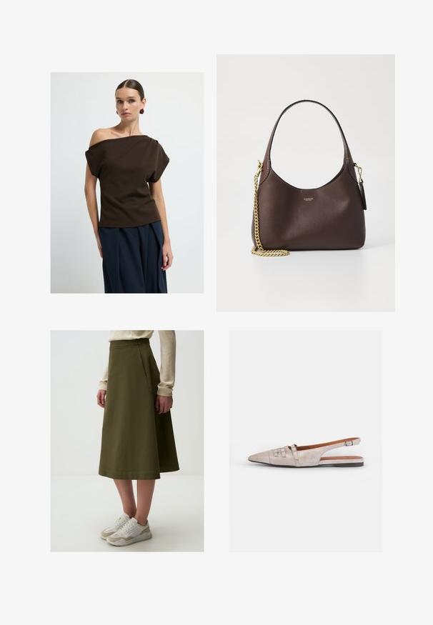 Brązowa bluzka na ramiączkach z gładkiego materiału, z luźnymi rękawami i swobodnym krojem, zestawiona z granatowymi spodniami o szerokich nogawkach.; Olive green A-line spódnica o gładkiej strukturze, z wysokim stanem i detalami szwów, w połączeniu z białymi i beżowymi sneakerami.; Jasno beżowy but typu slingback z ostrym noskiem, wykonany z miękkiego zamszu, z dwoma dekoracyjnymi klamrami i niskim, płaskim obcasem.; COACH BROOKLYN ciemnobrązowy