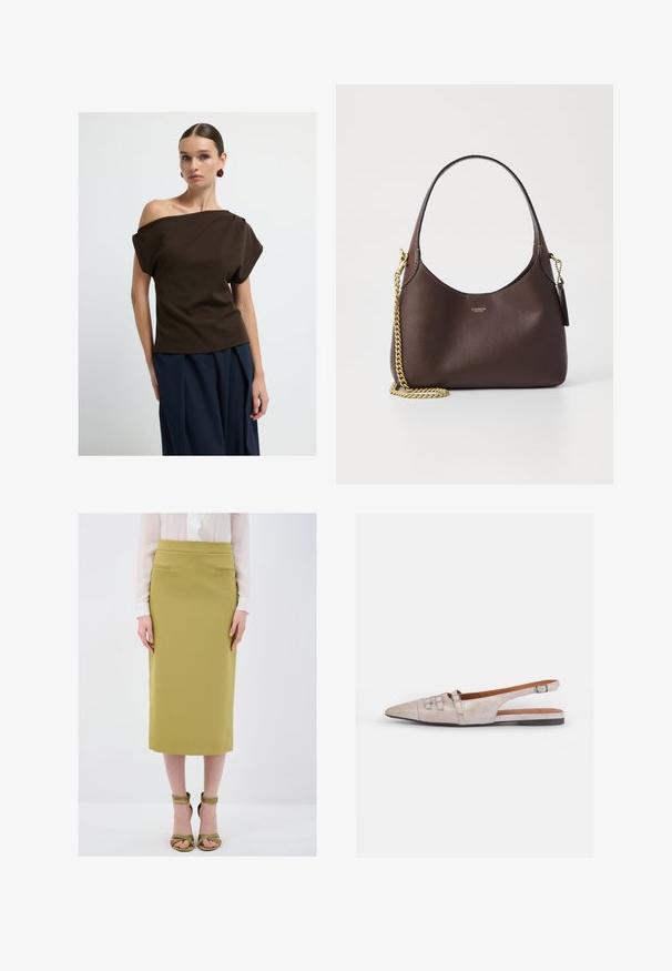 Bruine off-shoulder top gemaakt van gladde stof, met losse mouwen en een relaxte fit, gecombineerd met marineblauwe wijde broek.; Olijfgroene kokerrok tot de knie met subtiele zijzakken, gecombineerd met olijfgroene bandjeshakken en een witte blouse met ruffles.; Lichtbeige slingback schoen met een spitse neus, een zachte suède textuur, voorzien van twee decoratieve gespen en een lage, platte hak.; COACH BROOKLYN SHOULDER BAG 23 - Handtas - maple