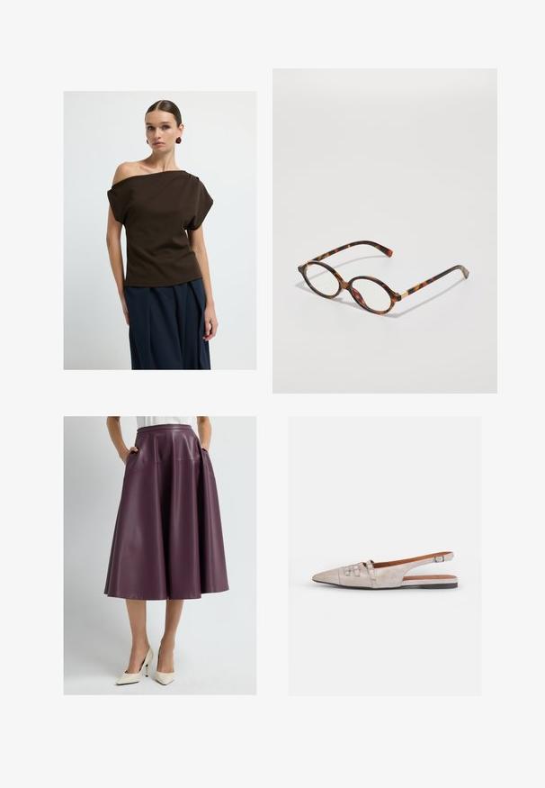 Top marrón sin hombros, confeccionado en una tela suave, con mangas sueltas y un corte relajado, combinado con pantalones de pierna ancha en navy.; Mujer con una falda de cuero morado oscuro hasta la rodilla, con bolsillos, y tacones altos blancos de punta, de pie contra un fondo sencillo.; Zapato slingback color beige claro con punta afilada, de textura suave de ante, que presenta dos hebillas decorativas y un tacón bajo y plano.; Gafas de tortuga con montura ovalada, lentes claros y detalles en dorado. Presentan patillas curvadas y un acabado suave y brillante.; COACH BROOKLYN SHOULDER BAG 23 - Bolso de mano - maple