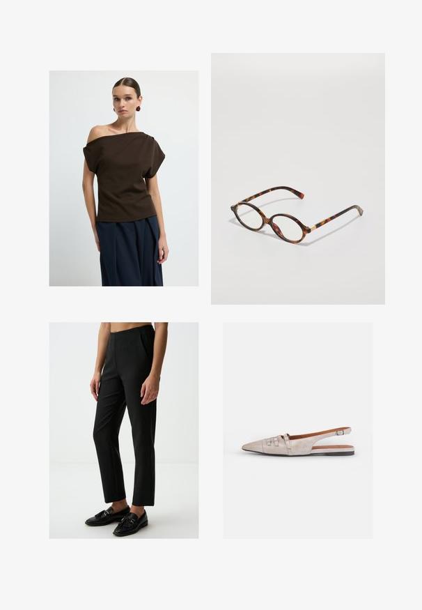 Bruine off-shoulder top gemaakt van gladde stof, met losse mouwen en een relaxte fit, gecombineerd met marineblauwe wijde broek.; Zwarte pinstripe-broek met een getailleerde pasvorm, voorzien van een platte voorkant, zijzakken en een soepele textuur. Draagt met zwarte instappers.; Lichtbeige slingback schoen met een spitse neus, een zachte suède textuur, voorzien van twee decoratieve gespen en een lage, platte hak.; schildpadbril met ovale monturen, heldere lenzen en gouden accenten. Bevat gebogen pootjes en een gladde, glanzende afwerking.; COACH BROOKLYN SHOULDER BAG 23 - Handtas - maple