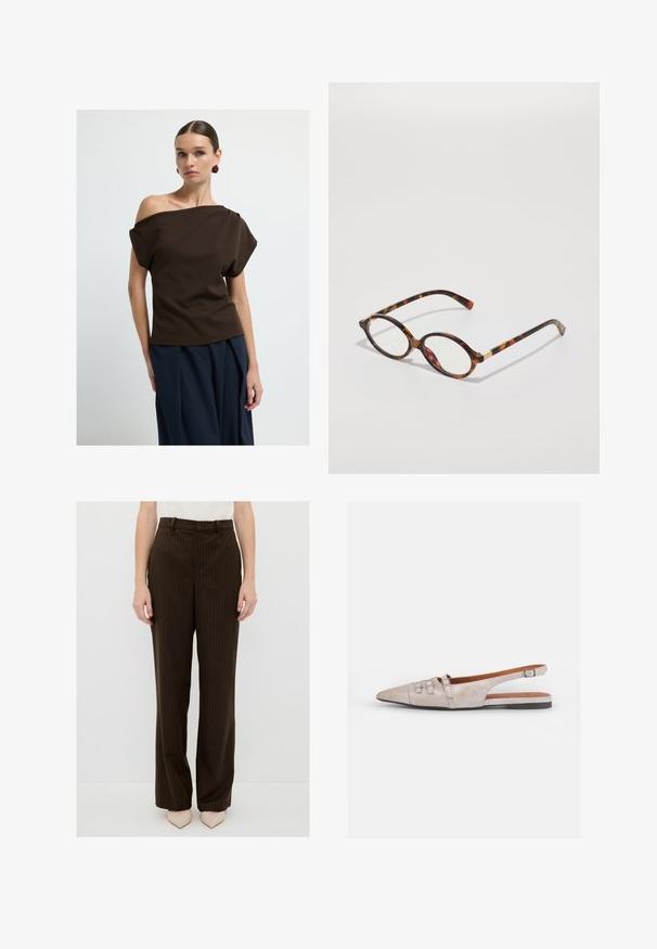 Brązowa bluzka na ramiączkach z gładkiego materiału, z luźnymi rękawami i swobodnym krojem, zestawiona z granatowymi spodniami o szerokich nogawkach.; Brązowe spodnie w prążki o prostym kroju nogawki, z paskiem na talii i kieszeniami z przodu, uszyte z gładkiego materiału.; Jasno beżowy but typu slingback z ostrym noskiem, wykonany z miękkiego zamszu, z dwoma dekoracyjnymi klamrami i niskim, płaskim obcasem.; Okulary w kształcie owalnym w kolorze tortoishell, z przezroczystymi soczewkami i złotymi akcentami. Posiadają wygięte zauszniki oraz gładkie, błyszczące wykończenie.; COACH BROOKLYN ciemnobrązowy