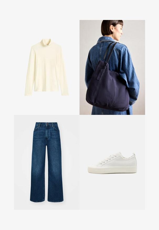 Langärmliges Turtleneck-Oberteil aus weicher, cremefarbener Jerseyware. Verfügt über einen hohen Kragen und einen lockeren Schnitt mit langen Ärmeln. Glatte Textur, ohne Muster.; Hochtaillierte, weit geschnittene Jeans in dunkelblauem Denim mit glatter Textur, Kontrastnähten und einem Fünf-Taschen-Design. Verschluss mit einem Frontknopf.; Weiße Leinenschuhe mit strukturiertem Obermaterial, runder Zehenkappe, flacher Sohle und Schnürverschluss. Merkmale umfassen einen leicht ausgefransten Kragen und eine Zugschlaufe.; Marinefarbene Leinenschultertasche mit weicher, strukturierter Form, ausgestattet mit einem schwarzen Riemen, genähten Details und einem kleinen Markenschild.