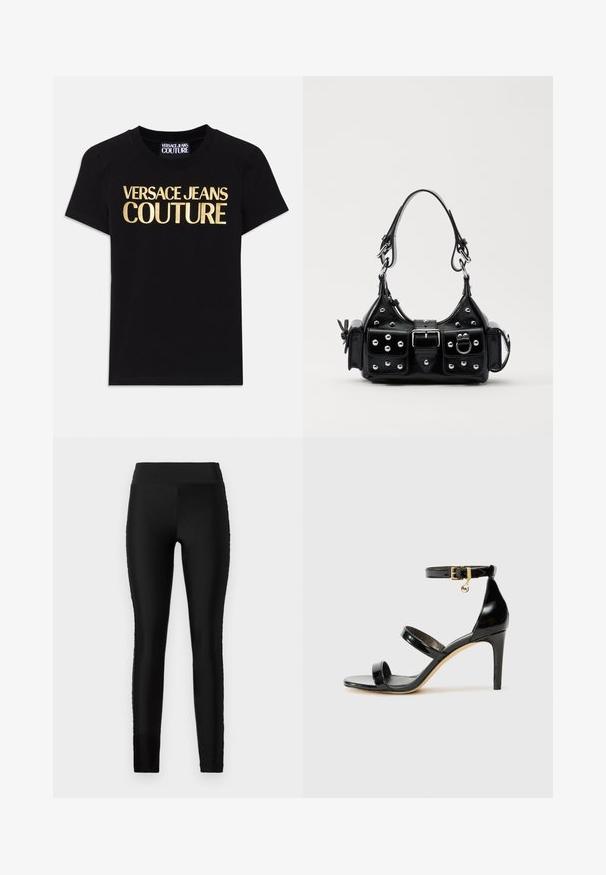 Čierne bavlnené tričko s veľkým zlatým nápisom "VERSACE JEANS COUTURE" vpredu, krátke rukávy a okrúhly výstrih.; Čierne legíny s hladkým, elastickým materiálom, vysokým pásom a priliehavým strihom. Nemajú žiadne viditeľné vzory ani akcenty.; Čierne lakované sandále s tromi pásikmi, spona na členku a 10 cm ihlovým podpätkom. Obsahujú zlaté detaily s hardwarem a logo prívesok.; Čierna kožená kabelka s zakriveným dizajnom, doplnená striebornými cvočkami, prackou a dvoma bočnými vreckami. Nastaviteľný popruh poskytuje rôzne možnosti nosenia.