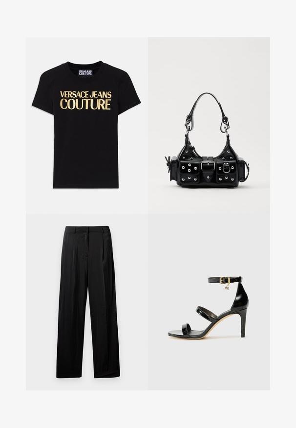 Tricou din bumbac negru, cu inscripția "VERSACE JEANS COUTURE" în litere mari aurii pe față, cu mâneci scurte și guler tip crew.; Pantaloni negri cu picioare largi și o textură de țesătură netedă, prezentând plii frontale, bretele pentru curea și un fermoar la brâu.; Sandale negre din piele lacuită, cu trei curele, cataramă la glezna și toc stiletto de 10 cm. Prezintă detalii din metal auriu și un charm cu logo.; Geantă de piele neagră cu un design curbat, dotată cu studuri argintii, o cataramă și două buzunare laterale. Curea ajustabilă pentru opțiuni de transport.