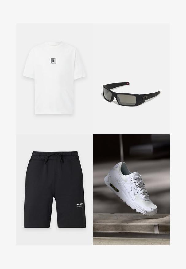 T-shirt de algodão branco com um gráfico de logo central em preto e cinza. Gola redonda clássica e mangas curtas com um corte descontraído.; Calções pretos de algodão com cintura elástica, cordão e detalhe de logótipo branco. Textura suave e design até ao joelho.; Sapatilha Nike Air Max 90 branca com parte superior em malha e couro, caixa de dedos perfurada e uma unidade de ar visível no calcanhar.; Óculos de sol pretos com acabamento mate, lentes retangulares, leve curvatura nas hastes, detalhe sutil do logo e lentes de cor fumada.