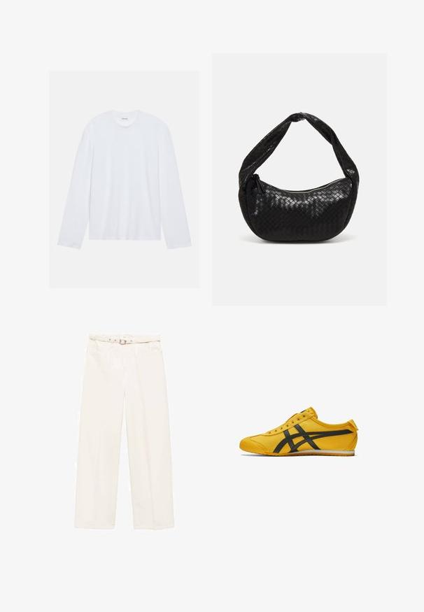White long-sleeve t-shirt made of cotton. Features a classic crew neckline and dropped shoulder seams, with a smooth, plain texture.; Wide-leg white cotton pants with a belted waist, two front pockets, and a smooth texture. Features a clean, minimalist design.; Yellow canvas shoe with black accent stripes, round toe, and low profile. Features six eyelets, textured fabric, and a rubber sole.; Black woven leather handbag with a curved shape, featuring a thick handle and a zip closure. Textured surface with a glossy finish.