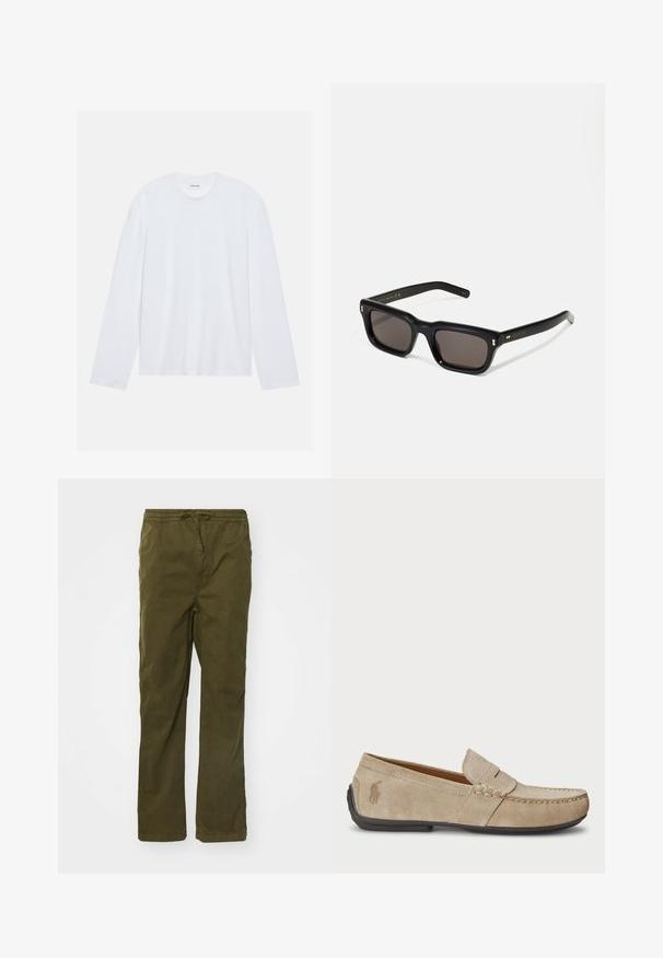 White long-sleeve t-shirt made of cotton. Features a classic crew neckline and dropped shoulder seams, with a smooth, plain texture.; Cotton cargo pants in olive green, featuring a drawstring waist, straight legs, side pockets, and a smooth texture.; Beige suede loafers with a stitched detail, flat rubber sole, and a small logo on the side. Classic slip-on design, soft texture.; Black rectangular sunglasses with dark lenses, thick plastic frame, gold accents on temples, and brand logo engraved on the arm.