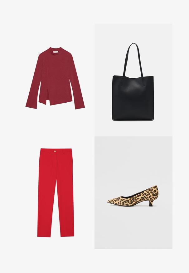 Sarkana ribota garām piedurknēm augstu apkakli. Iezīmēta ar asimetrisku apakšmalu un sānu šķēlumiem, kā arī gludu tekstūru. Etiķete redzama iekšpusē.; Sarkanas bikses ar taisnas kājas piegriezumu, plakanu priekšpusi, vienu pogu un divām sānu kabatām. Taisna auduma virsma bez redzamām rakstu vai akcentu detaļām.; Marco Tozzi Klasiski papēži - beige; Melnas ādas somiņa ar gludu tekstūru, taisnstūra formu un divām garām rokturiem. Nav redzamu aparatūras vai rotājumu.