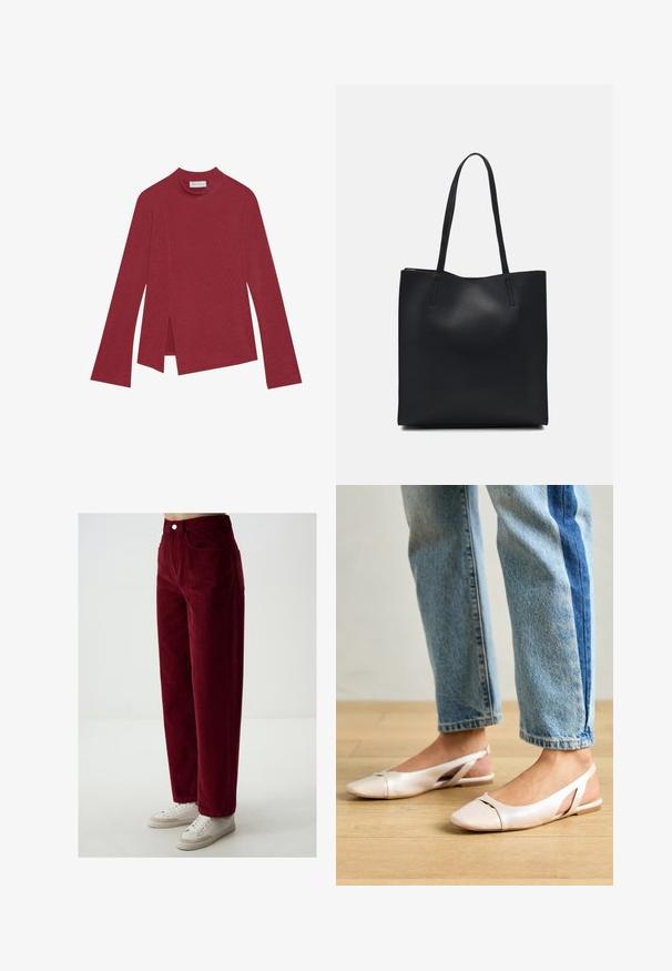 Rotes, geripptes Langarmshirt mit hohem Kragen. Verfügt über einen asymmetrischen Saum mit seitlichen Schlitzen und einer glatten Textur. Etikett innen sichtbar.; Burgunderfarbene Cordhosen mit geradem Bein, ausgestattet mit Fronttaschen und einem Knopfverschluss, kombiniert mit weißen Turnschuhen.; Blassrosa Slingback-Ballerinas mit spitzem Punkt, aus einem glatten, lederähnlichen Material. Mit Ausschnitten an den Seiten und einem flachen Absatz.; Schwarze Laptoptasche aus Leder mit glatter Textur, rechteckiger Form und zwei langen Griffen. Keine sichtbaren Beschläge oder Verzierungen.