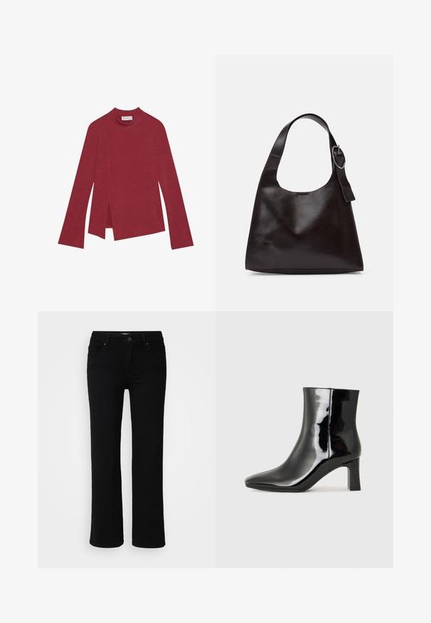 Rdeča rebrasta bluza z dolgimi rokavi in visokim ovratnikom. Ima asimetričen rob s stranskimi razporki in gladko teksturo. Oznaka je vidna znotraj.; Črne jeans hlače s ravnim krojem, z zadrgo in gumbom, sprednjimi in zadnjimi žepi ter gladko teksturo.; Črne lakirane gležnjarje z ošiljenim nosom in srednje visokim blokastim peto. Gladka tekstura in minimalističen dizajn.; Rjava usnjena torba za ramo z gladko teksturo, okroglo obliko, širokim trakom in krožno kovinsko akcenco na ročaju.