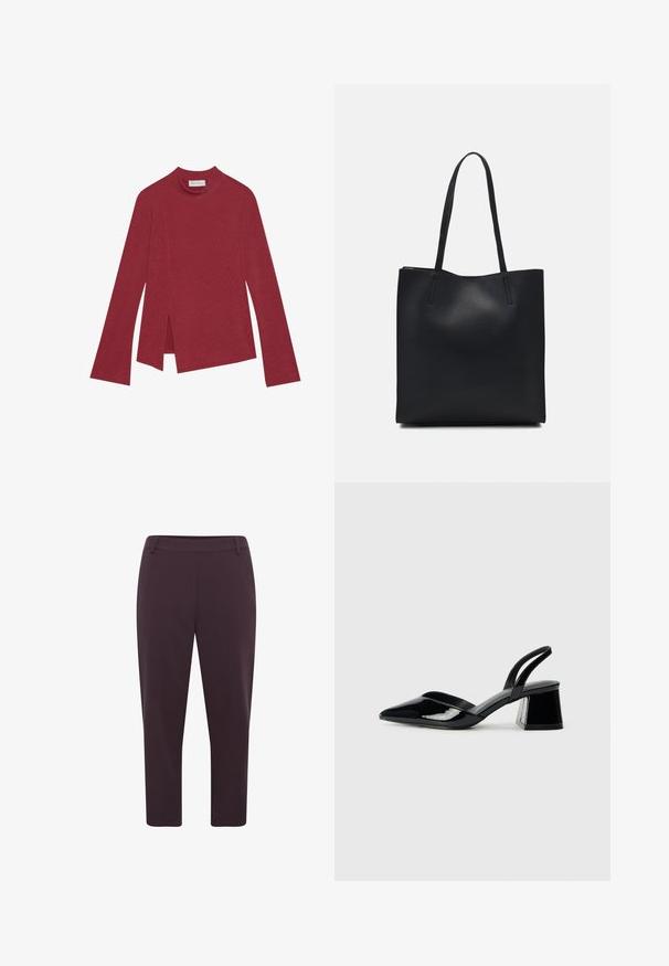 Haut rouge à manches longues en maille côtelée avec un col haut. Présente un ourlet asymétrique avec des fentes latérales et une texture lisse. Étiquette visible à l'intérieur.; Pantalon violet foncé avec une coupe droite, longueur raccourcie et tissu lisse. Il possède une taille plate et aucun système de fermeture visible.; Escarpins en cuir verni noir avec bout pointu et talon bloc géométrique. Présente un design élégant et minimaliste ainsi qu'une texture lisse.; Sac fourre-tout en cuir noir avec une texture lisse, de forme rectangulaire et deux longues poignées. Pas de matériel ou d'ornementations visibles.