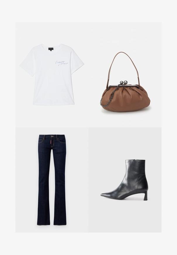 Vit bomulls t-shirt med korta ärmar, rund halsringning och blå broderad text på bröstet. Enkel, avslappnad passform.; Mörkblå denimbyxor med vida ben, standard femficksdesign, synliga sömnadsdetaljer och knappstängning i midjan.; Svart läder ankelboot med spetsig tå och en smidig design. Har en låg klack och en dragkedjestängning bak. Slät textur.; Brun läderhandväska med en samlad design, ett kort läderhandtag och en kedjestrapsrem. Har ett silverfärgat metallspänne med två runda detaljer.