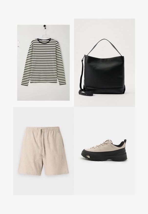 Majica s dolgimi rokavi z vodoravnimi črnimi in belimi črtami, okroglo izrezana, narejena iz mehkega blaga, ravnega kroja in bočnimi razporki na robu.; Bež lanene kratke hlače z elastičnim pasom, vrvico, stranskimi žepi in teksturirano tkanino. Sproščen design, dolžina do kolen.; Bež usnjeni planinski čevlj z črnim gumijastim podplatom, teksturiranimi detajli in odbojnimi vezalkami. Ima zanka za lažje obuvanje.; Črna usnjena torbica z narahčanim zaključkom, ukrivljenim vrhom in snemljivim trakom. Ima preprost dizajn z minimalno strojno opremo.