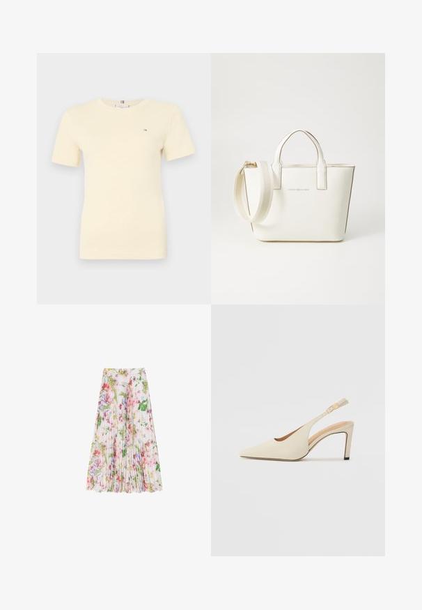 Korte mouwen gele T-shirt gemaakt van katoen, met een ronde halslijn en een klein logo op de linkerborst. Soepele textuur.; Bloemrijke plissé rok in lichte stof, met een mix van roze, groen en paarse tinten. Valt onder de knie met een geraffineerde tailleband.; Beige leren slingback hakken met een spitse neus, open zijkant en een slanke hoge hak. Voorzien van een gouden accent op de band.; Witte faux leren handtas met korte handvaten, verstelbare schouderriem en gouden hardware; heeft een subtiele logo aan de voorkant.