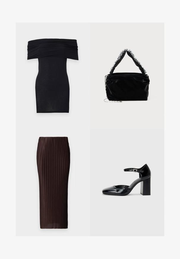 Svart off-shoulder kjole med samlet halslinje, smal passform og jevn tekstur. Minimalistisk design, kne-lang med ingen ekstra dekorasjoner.; Brun, plissert midi-skjørt med vertikale folder, en tettsittende design og en jevn tekstur. Ingen synlige detaljer eller akenter.; Sorte lakk lær høye hæler med firkantet tå, ankelrem og chunky hæl. Inkluderer perforerte detaljer langs kanten.; Svart veske i faux lær med tekstur, med en perlet sølvdetalj langs det øverste håndtaket og en kjede-rem.