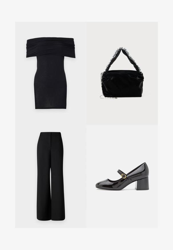 Rochie neagră, cu umerii descoperiți, cu decolteu plisat, croi slim și textură fină. Design minimalist, până la genunchi, fără decorațiuni suplimentare.; MAX&Co. BRIVIDO - Pantaloni - schwarz; Stuart Weitzman STUART - Pantofi clasici cu toc - black; Geantă din piele sintetică neagră cu un finisaj texturat, având un accent din mărgele argintii de-a lungul mânerului de sus și o curea din lanț.