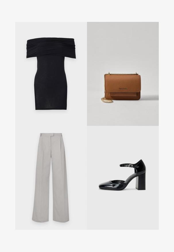 Black off-the-shoulder dress with gathered neckline, slim fit, and smooth texture. Minimalist design, knee-length with no additional embellishments.; Light grey wide-leg trousers with vertical white pinstripes, featuring a front pleat and a flat waistband. Made from smooth fabric.; Black patent leather high-heeled shoes with a square toe, ankle strap, and a chunky heel. Includes perforated detailing along the rim.; Brown textured leather crossbody bag with gold chain strap and flap closure. Front features logo detail and a pocket under the flap.