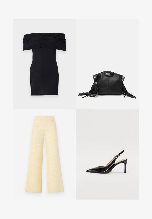 Black off-the-shoulder dress with gathered neckline, slim fit, and smooth texture. Minimalist design, knee-length with no additional embellishments.; Wide-leg trousers in textured yellow fabric. Features two front pockets and metallic button accents. Clean, minimalist design.; Black patent leather slingback pump with pointed toe, slim heel, and a subtle cutout design. Features a gold buckle on the strap.; Maje MISS MINI - Cross body bag - noir