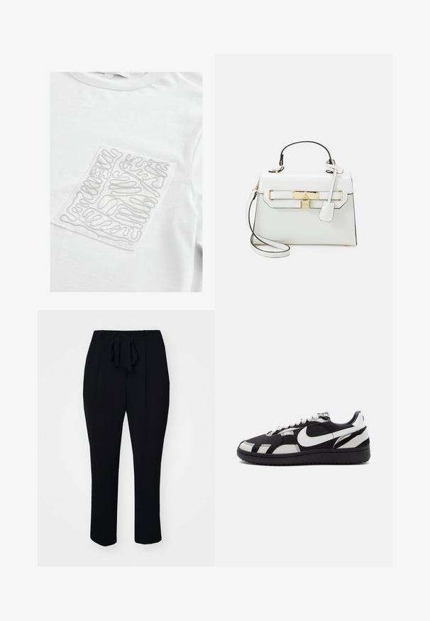 T-shirt blanche avec un patch rectangulaire texturé comprenant un fil argenté formant un motif de lignes ondulées, col rond et manches courtes.; Pantalon noir en tissu doux, doté d'une ceinture à nouer assortie, de plis à l'avant et d'une coupe droite.; Baskets noir et blanc avec un dessus texturé, mettant en avant un swoosh Nike blanc proéminent et une semelle extérieure noire, un système de laçage et des accents à motifs.; Sac à main blanc avec texture crocodile, quincaillerie dorée, anse supérieure et bandoulière détachable ; présente une fermeture à verrou et un design minimaliste.