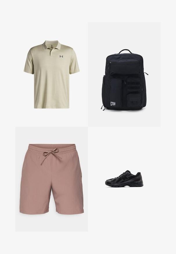 Bežna polo majica s kratkimi rokavi, izdelana iz teksturirane tkanine. Ima ovratnik s tremi gumbi in sivo logotip na levi prsni strani.; Svetlo roza kratke hlače iz gladkega materiala, ki imajo elastični pas z vrvico, stranske žepke in sproščen kroj.; Črne športne čevlje z mrežastim zgornjim delom in sintetičnimi prekrivnimi sloji, z teksturiranim podplatom in refleksnimi poudarki za vidnost.; Črn nahrbtnik iz trpežne tkanine. Ima več žepov na zadrgo, vključno s sprednjim predelkom, ter področja z Velcro zaklopkami za pritrditev.