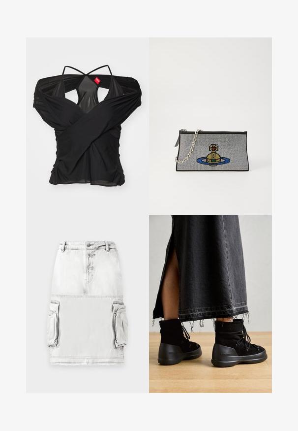 032c DRAPED SWAN EVENING - Print T-shirt - black; Denim skirt in light gray with a high waist, front buttons, and two side cargo pockets. Slightly distressed fabric texture.; Black ankle boots made of suede, featuring a rounded toe, lace-up design, and a thick, textured rubber sole. Unfinished hem denim skirt visible.; Black clutch bag with silver chain strap, featuring a colorful beaded design of a yellow submarine surrounded by a blue ring.